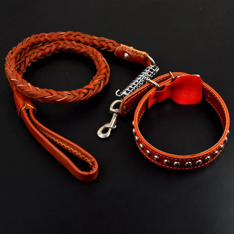 Leather Dog Collar & Leash – Strong Traction Lead for Large Dogs