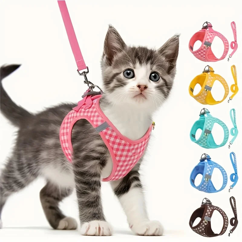 Plaid Cat Suit – Reflective, Durable Pet Outfit with Collar & Leash