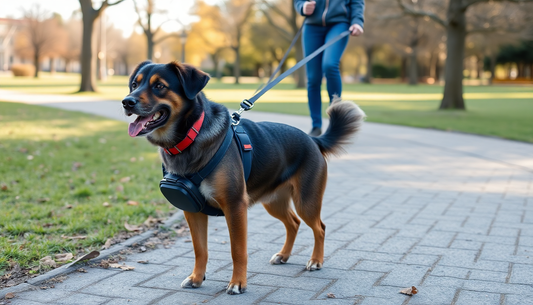 A dog with a durable retractable leash in a park