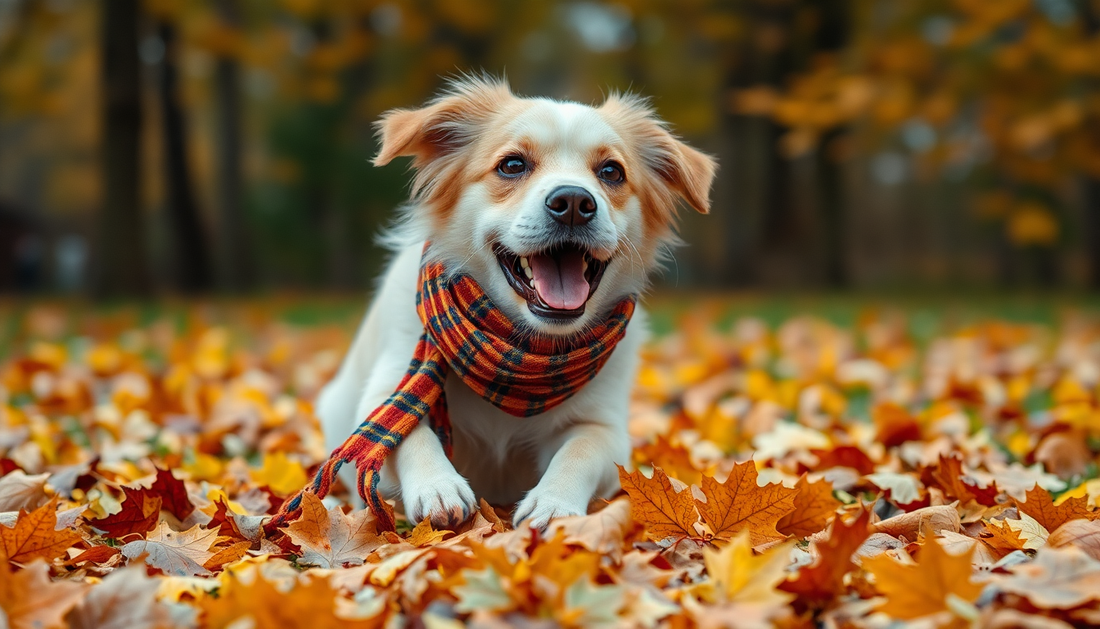 A dog wearing a scarf playing in autumn leaves