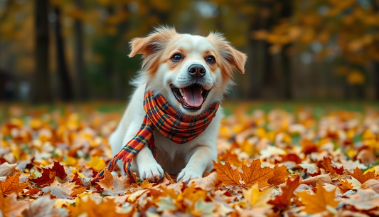 A dog wearing a scarf playing in autumn leaves