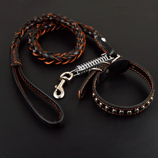 Leather Dog Collar & Leash – Strong Traction Lead for Large Dogs