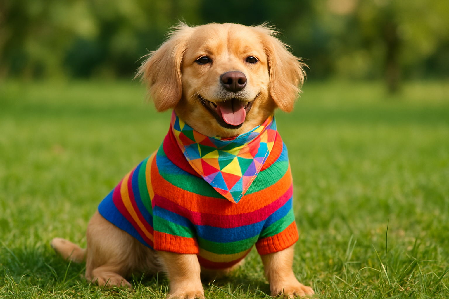 cute dog on a grass wearing a pet apparel